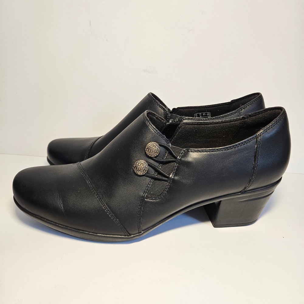 Clarks Emslie Warren Black Leather Button Zip Up Boots Block Heel Womens 11